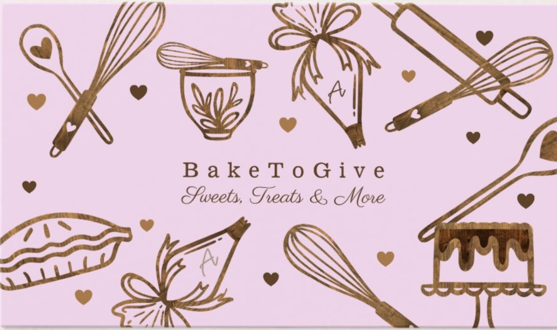 BakeToGive — Sweets, Treats & More, illustrated with baking tools, a pie and a tiered cake